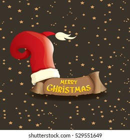 vector red Santa hat on stars background with paper banner and greeting text Merry Christmas. vector merry christmas card, banner design template or xmas background. vector illustration