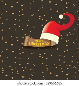 vector red Santa hat on stars background with paper banner and greeting text Merry Christmas. vector merry christmas card, banner design template or xmas background. vector illustration