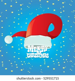 vector red Santa hat on stars background with greeting text Merry Christmas. merry christmas card, banner or xmas background. vector illustration