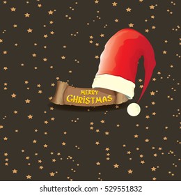 vector red Santa hat on stars background with paper banner and greeting text Merry Christmas. vector merry christmas card, banner design template or xmas background. vector illustration