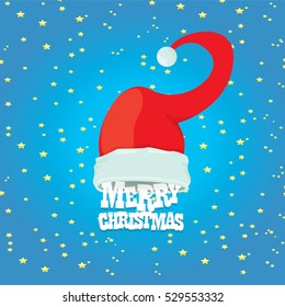 vector red Santa hat on stars background with greeting text Merry Christmas. merry christmas card, banner or xmas background. vector illustration