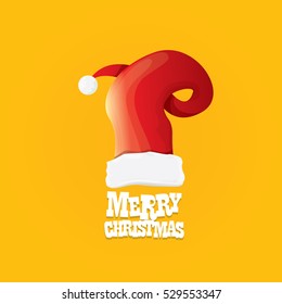 vector red Santa hat on orange background with greeting text Merry Christmas. merry christmas card, banner or xmas background. vector illustration