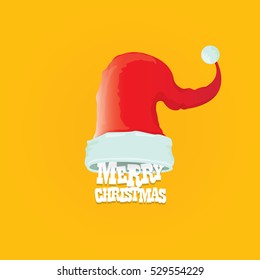 vector red Santa hat on orange background with greeting text Merry Christmas. merry christmas card, banner or xmas background. vector illustration