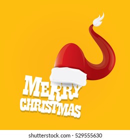 vector red Santa hat on orange background with greeting text Merry Christmas. merry christmas card, banner or xmas background. vector illustration
