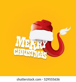 vector red Santa hat on orange background with greeting text Merry Christmas. merry christmas card, banner or xmas background. vector illustration