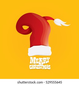 vector red Santa hat on orange background with greeting text Merry Christmas. merry christmas card, banner or xmas background. vector illustration