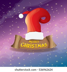 vector red Santa hat on stars background with paper banner and greeting text Merry Christmas. vector merry christmas card, banner design template or xmas background. vector illustration