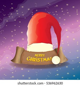 vector red Santa hat on stars background with paper banner and greeting text Merry Christmas. vector merry christmas card, banner design template or xmas background. vector illustration