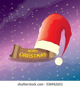 vector red Santa hat on stars background with paper banner and greeting text Merry Christmas. vector merry christmas card, banner design template or xmas background. vector illustration