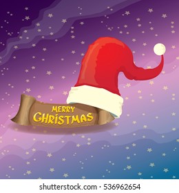 vector red Santa hat on stars background with paper banner and greeting text Merry Christmas. vector merry christmas card, banner design template or xmas background. vector illustration