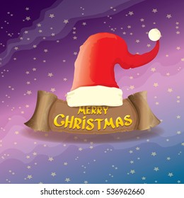 vector red Santa hat on stars background with paper banner and greeting text Merry Christmas. vector merry christmas card, banner design template or xmas background. vector illustration