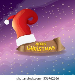 vector red Santa hat on stars background with paper banner and greeting text Merry Christmas. vector merry christmas card, banner design template or xmas background. vector illustration