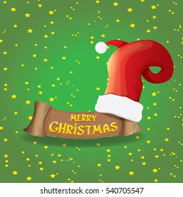 vector red Santa hat on stars background with paper banner and greeting text Merry Christmas. vector merry christmas card, banner design template or xmas background. vector illustration
