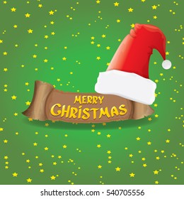 vector red Santa hat on stars background with paper banner and greeting text Merry Christmas. vector merry christmas card, banner design template or xmas background. vector illustration
