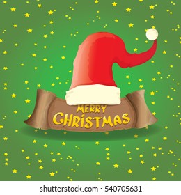 vector red Santa hat on stars background with paper banner and greeting text Merry Christmas. vector merry christmas card, banner design template or xmas background. vector illustration