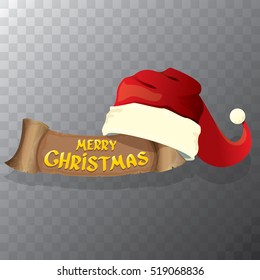 vector red Santa hat and paper christmas banner with greeting text Merry Christmas and transparent shadow. merry christmas card, banner or xmas background. vector illustration