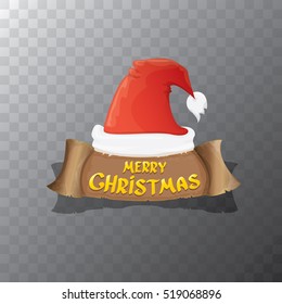 vector red Santa hat and paper christmas banner with greeting text Merry Christmas and transparent shadow. merry christmas card, banner or xmas background. vector illustration