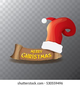 vector red Santa hat and paper christmas banner with greeting text Merry Christmas and transparent shadow. merry christmas card, banner or xmas background. vector illustration