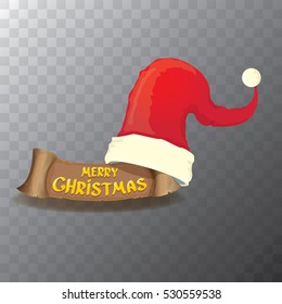 vector red Santa hat and paper christmas banner with greeting text Merry Christmas and transparent shadow. merry christmas card, banner or xmas background. vector illustration