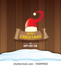 vector red Santa hat  with paper banner and greeting text Merry Christmas and Happy new year on wooden background. vector merry christmas card, banner design template or xmas background. 