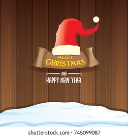 vector red Santa hat  with paper banner and greeting text Merry Christmas and Happy new year on wooden background. vector merry christmas card, banner design template or xmas background. 
