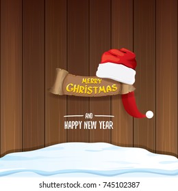 vector red Santa hat  with paper banner and greeting text Merry Christmas and Happy new year on wooden background. vector merry christmas card, banner design template or xmas background. 