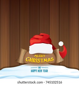 vector red Santa hat  with paper banner and greeting text Merry Christmas and Happy new year on wooden background. vector merry christmas card, banner design template or xmas background. 