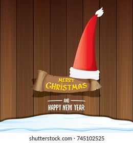 vector red Santa hat  with paper banner and greeting text Merry Christmas and Happy new year on wooden background. vector merry christmas card, banner design template or xmas background. 