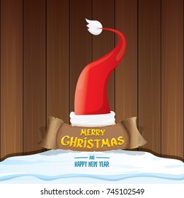 vector red Santa hat  with paper banner and greeting text Merry Christmas and Happy new year on wooden background. vector merry christmas card, banner design template or xmas background. 