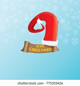 vector red Santa hat with paper banner and greeting text Merry Christmas on blue background with falling snowflakes. vector merry christmas card, banner design template or xmas background.