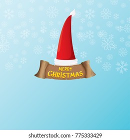 vector red Santa hat with paper banner and greeting text Merry Christmas on blue background with falling snowflakes. vector merry christmas card, banner design template or xmas background.