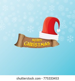 vector red Santa hat with paper banner and greeting text Merry Christmas on blue background with falling snowflakes. vector merry christmas card, banner design template or xmas background.