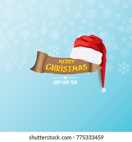 vector red Santa hat with paper banner and greeting text Merry Christmas on blue background with falling snowflakes. vector merry christmas card, banner design template or xmas background.