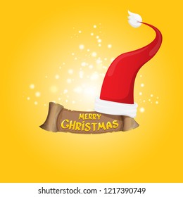 vector red Santa hat with vintage ribbon on orange background with stars and lights and greeting text Merry Christmas. merry christmas card, banner or xmas background. vector illustration