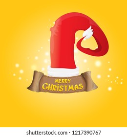 vector red Santa hat with vintage ribbon on orange background with stars and lights and greeting text Merry Christmas. merry christmas card, banner or xmas background. vector illustration