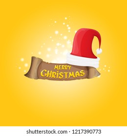 vector red Santa hat with vintage ribbon on orange background with stars and lights and greeting text Merry Christmas. merry christmas card, banner or xmas background. vector illustration
