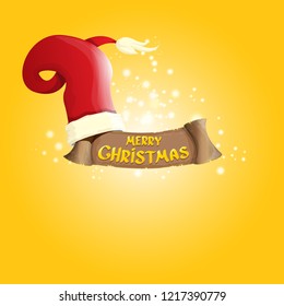 vector red Santa hat with vintage ribbon on orange background with stars and lights and greeting text Merry Christmas. merry christmas card, banner or xmas background. vector illustration