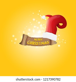 vector red Santa hat with vintage ribbon on orange background with stars and lights and greeting text Merry Christmas. merry christmas card, banner or xmas background. vector illustration