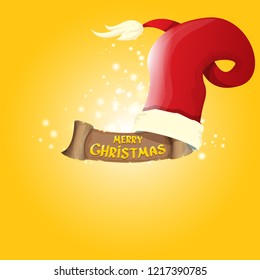 vector red Santa hat with vintage ribbon on orange background with stars and lights and greeting text Merry Christmas. merry christmas card, banner or xmas background. vector illustration