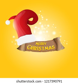 vector red Santa hat with vintage ribbon on orange background with stars and lights and greeting text Merry Christmas. merry christmas card, banner or xmas background. vector illustration
