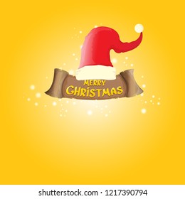 vector red Santa hat with vintage ribbon on orange background with stars and lights and greeting text Merry Christmas. merry christmas card, banner or xmas background. vector illustration