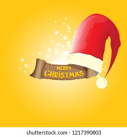 vector red Santa hat with vintage ribbon on orange background with stars and lights and greeting text Merry Christmas. merry christmas card, banner or xmas background. vector illustration