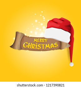 vector red Santa hat with vintage ribbon on orange background with stars and lights and greeting text Merry Christmas. merry christmas card, banner or xmas background. vector illustration