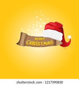 vector red Santa hat with vintage ribbon on orange background with stars and lights and greeting text Merry Christmas. merry christmas card, banner or xmas background. vector illustration