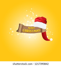 vector red Santa hat with vintage ribbon on orange background with stars and lights and greeting text Merry Christmas. merry christmas card, banner or xmas background. vector illustration