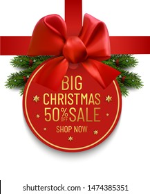 Vector red satin ribbon and bow with sale label on white background. Merry Christmas and Happy New Year offer banner