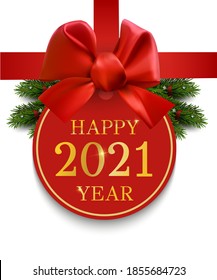 Vector red satin ribbon and bow with happy 2021 new year