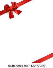Vector red satin ribbon on white background. Template for greeting card, sale banner,voucher. Happy Mother's,Valentine's, Women's day.