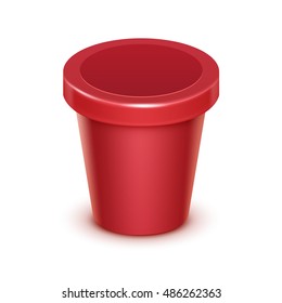 Vector Red Scarlet Blank Food Plastic Tub Bucket Container For Fruit Berry Strawberry Cherry Dessert, Yogurt, Ice Cream with Label for Package Design Mock Up Close up Isolated on White Background