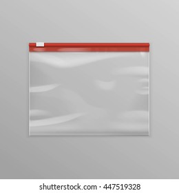 Vector Red Sealed Empty Transparent Plastic Zipper Bag Close up Isolated on Background